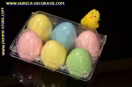 Schachtel mit 6 Attrappe Eier, meh. Farbe